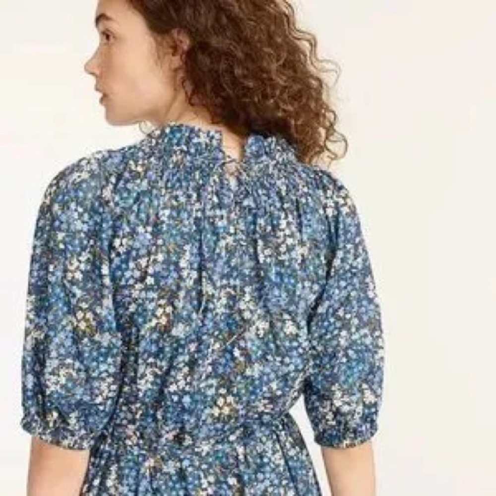 J. Crew Smocked Puff Sleeve Midi Dress XS Liberty Fabric Blue Floral Cottagecore - Picture 2 of 16